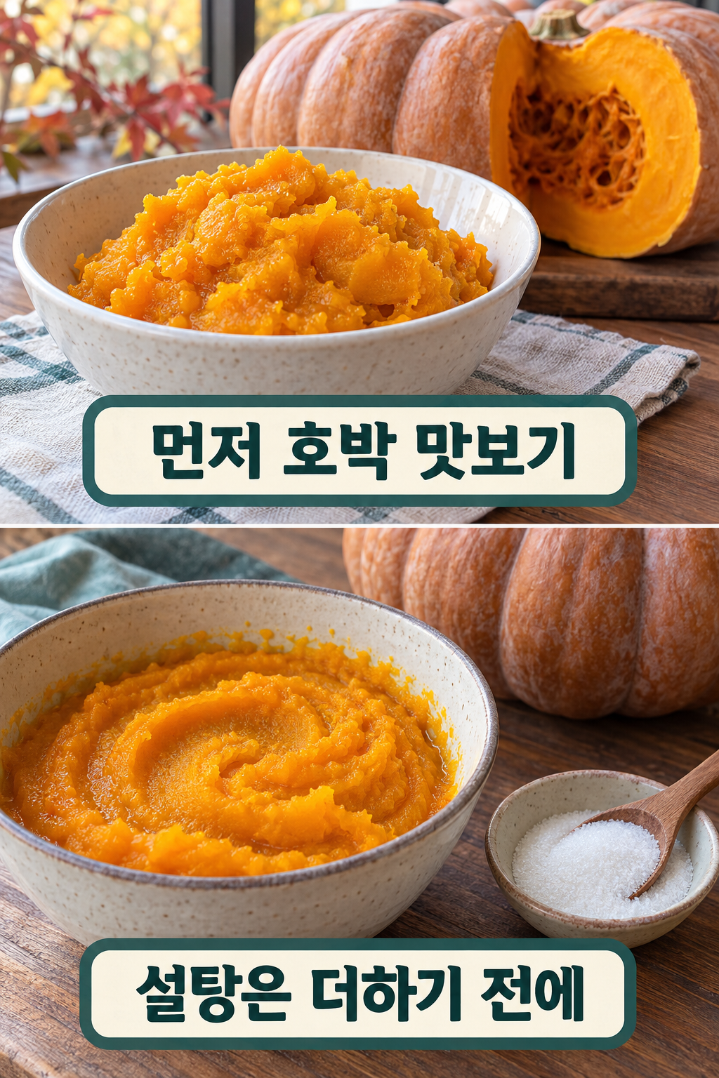 호박만 익힌 맛을 먼저 보고 추가 설탕을 따로 두는 두 장면.