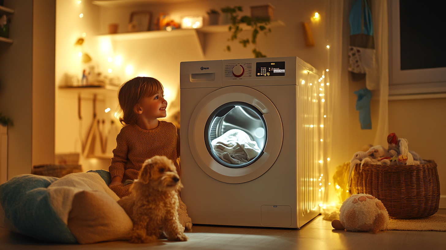 어린이와 애완동물이 안전하게 있는 가족 친화적인 환경에서 삼성 세탁기 소프트 클로징 도어 메커니즘이 강조된 이미지