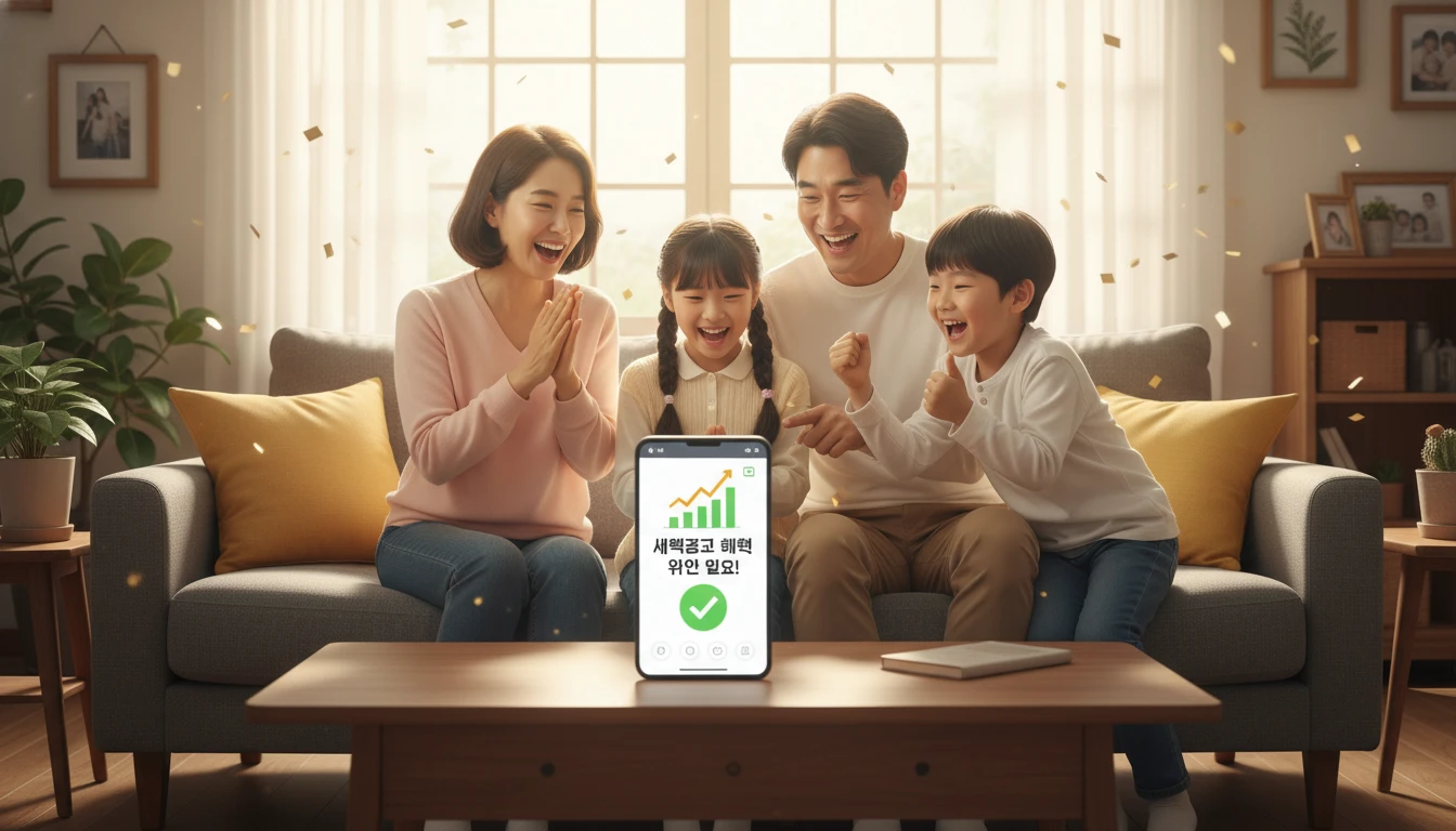 스마트폰으로 세액공제 혜택을 확인하며 기뻐하는 한국인 가족의 행복한 모습.