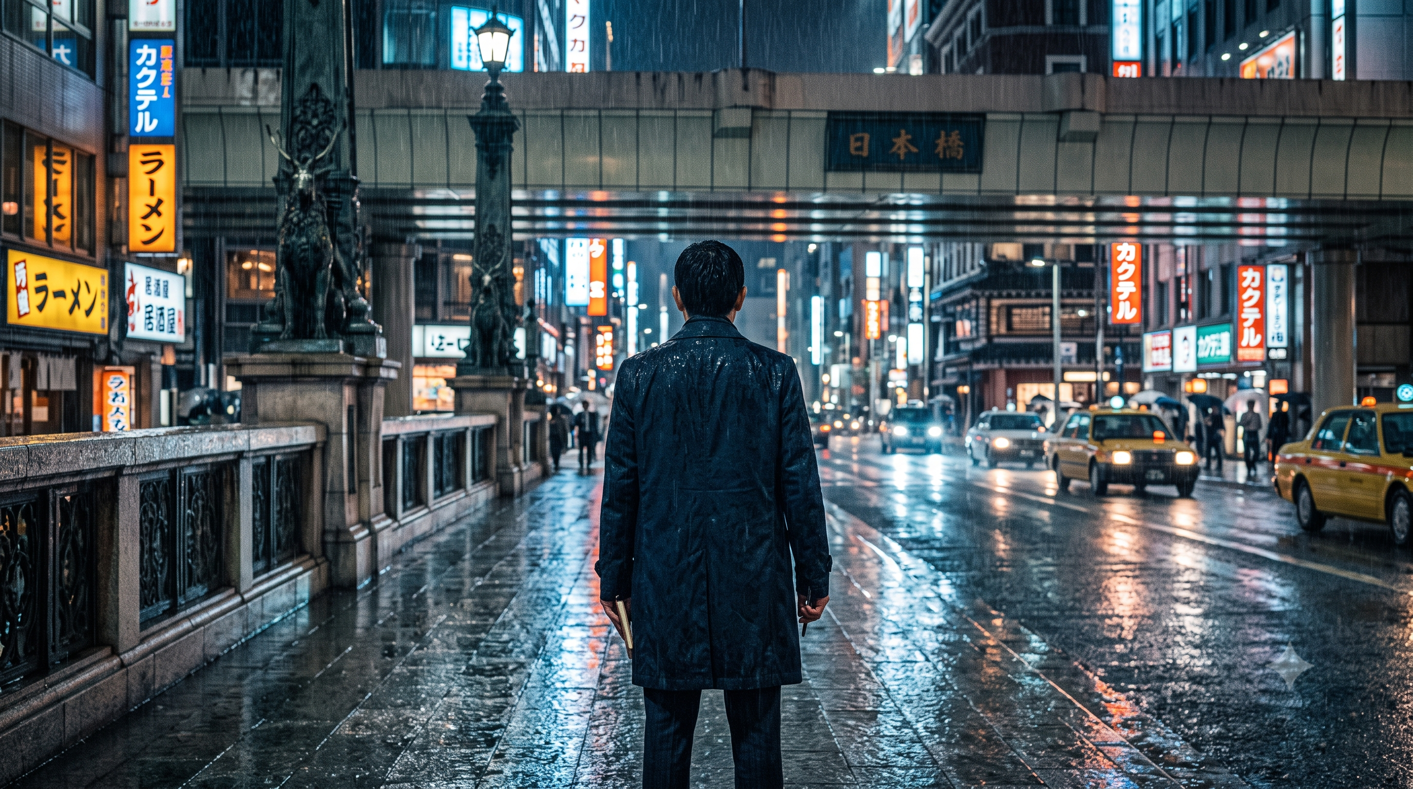 『신참자(新参者)』와 『기린의 날개(麒麟の翼)』의 주 무대인 도쿄 니혼바시(日本橋) 다리와 기린상(麒麟像)을 배경으로 한 가가 형사의 모습