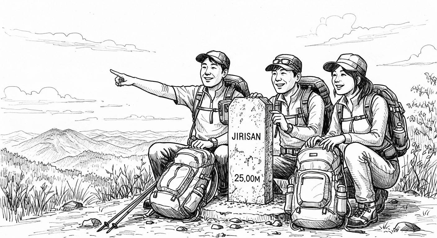 안전하게 산행하는 등산객과 지리산 자연