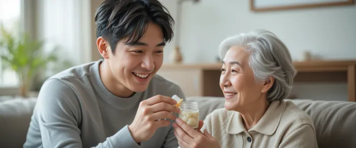 아들이 어머니에게 알부민 영양제를 건네는 따뜻한 장면