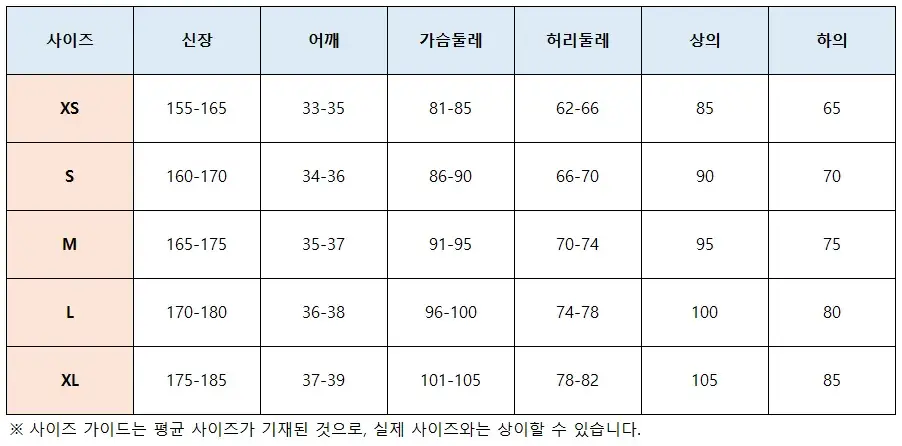 아식스(ASICS) 여성 의류(상의, 하의) 사이즈표