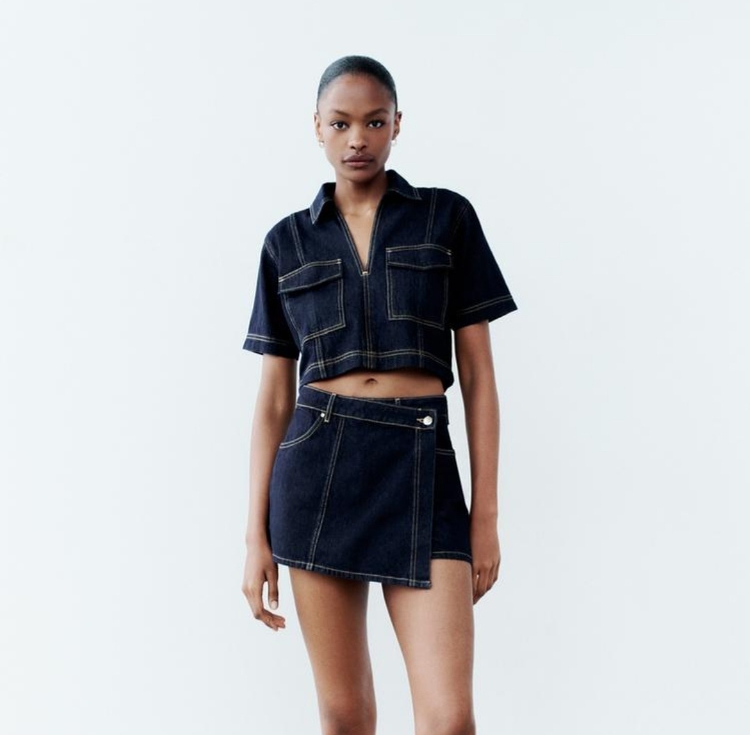 자라 데님 크롭 셔츠