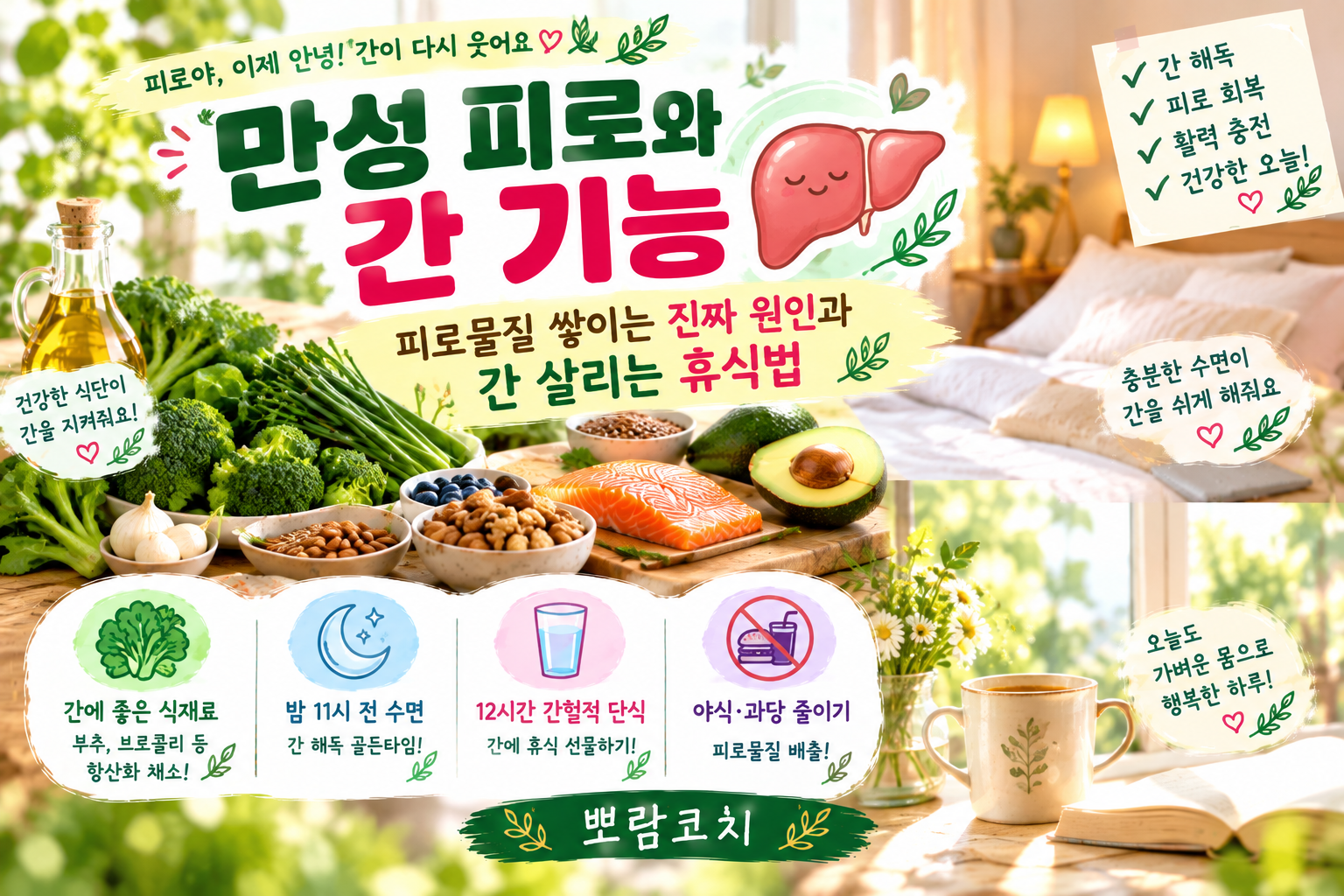 부추, 브로콜리, 신선한 푸른 채소가 정갈하게 차려진 간 건강에 좋은 식탁
