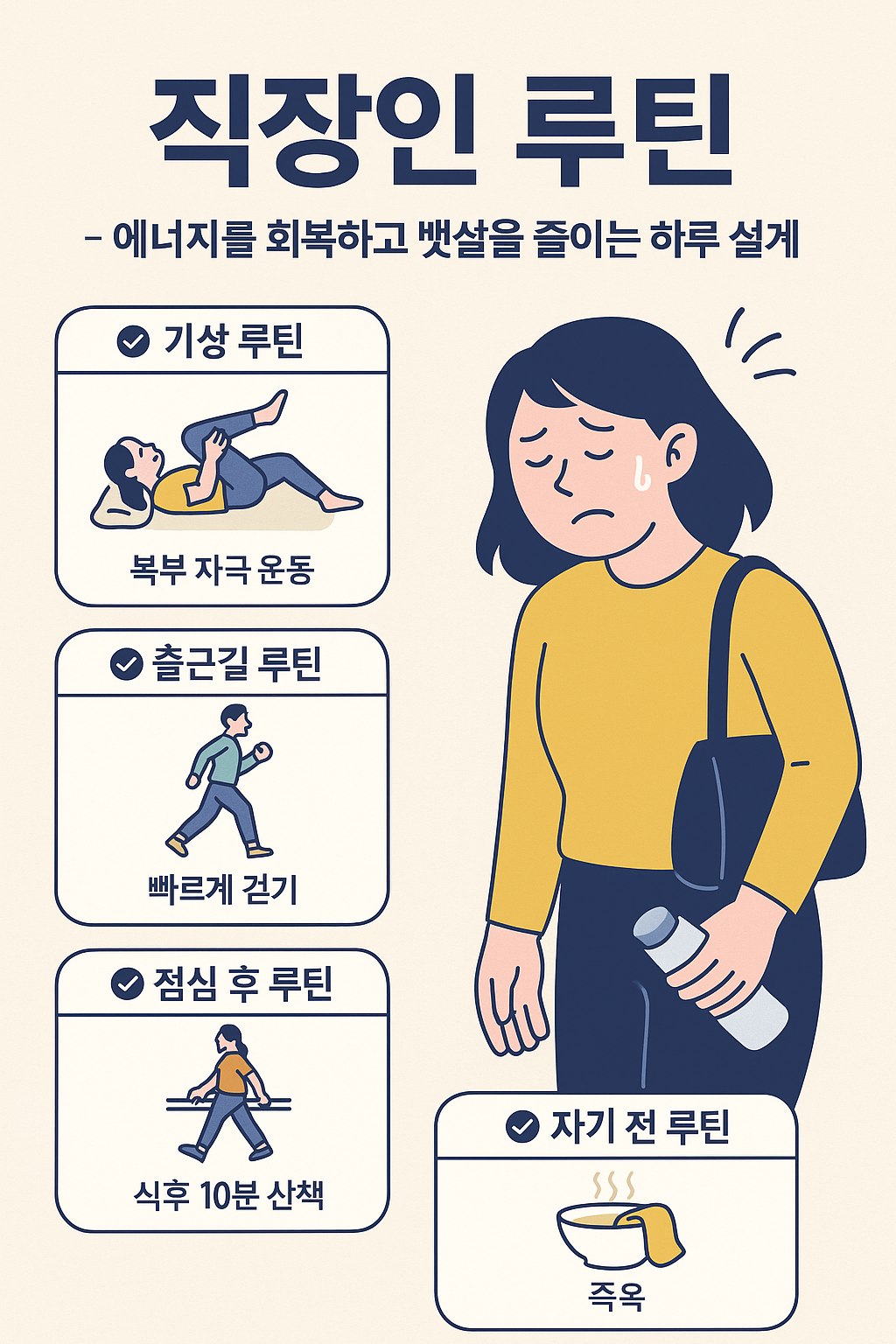 직장인을 위한 에너지 회복과 뱃살 관리를 위한 루틴을 소개하는 한국어 인포그래픽으로, 앉아있는 남성 직장인과 루틴 실천 요소들이 강조된 일러스트 포함
