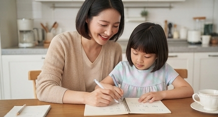 엄마와 아이가 나란히 앉아 노트에 적는 모습