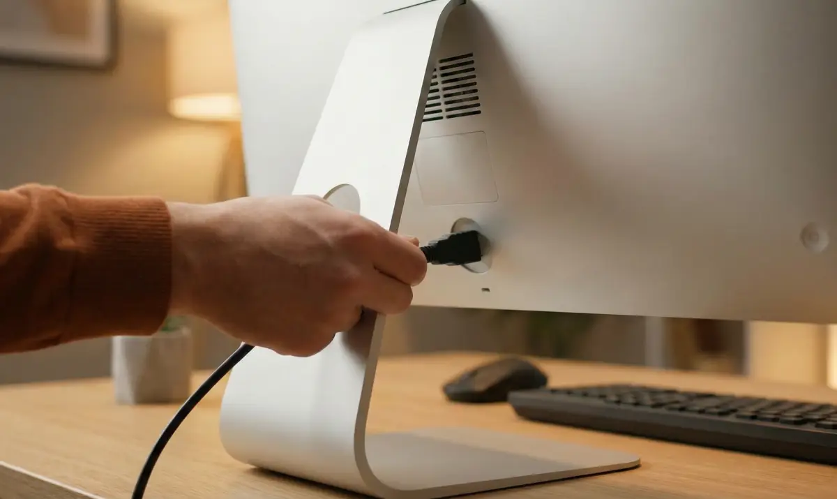 모니터 뒷면 HDMI 및 DP 케이블 연결 상태를 손으로 점검하는 모습