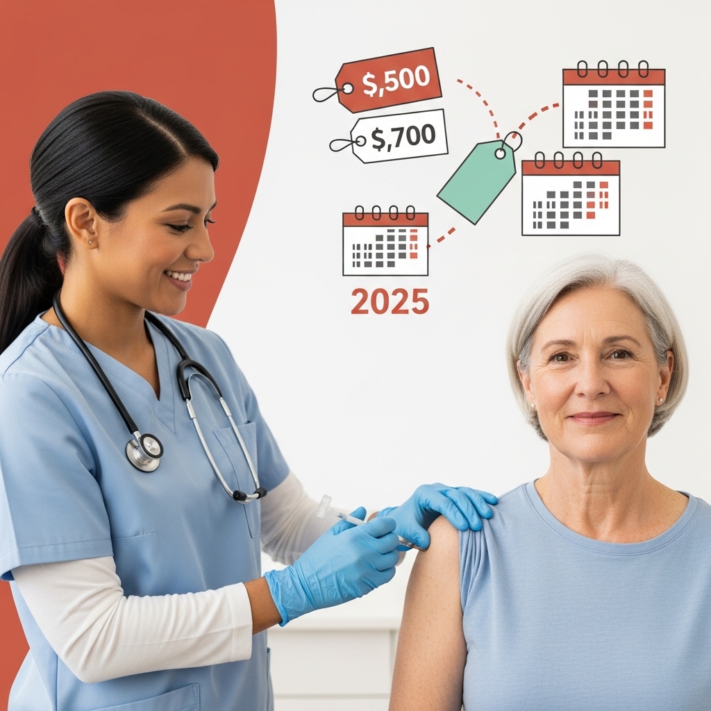 2025년 독감 주사를 맞으며 미소 짓는 사람과 간호사, 주변에 독감 예방 접종 가격과 시기를 나타내는 그래픽 요소가 있는 밝고 건강한 이미지