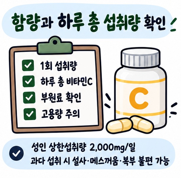 하루 총 비타민C 섭취량과 고용량 섭취 시 위장 증상, 기저질환 여부를 확인하는 체크리스트 카드