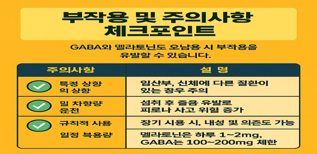 GABA와 멜라토닌 복용 시 부작용 및 주의사항을 정리한 인포그래픽