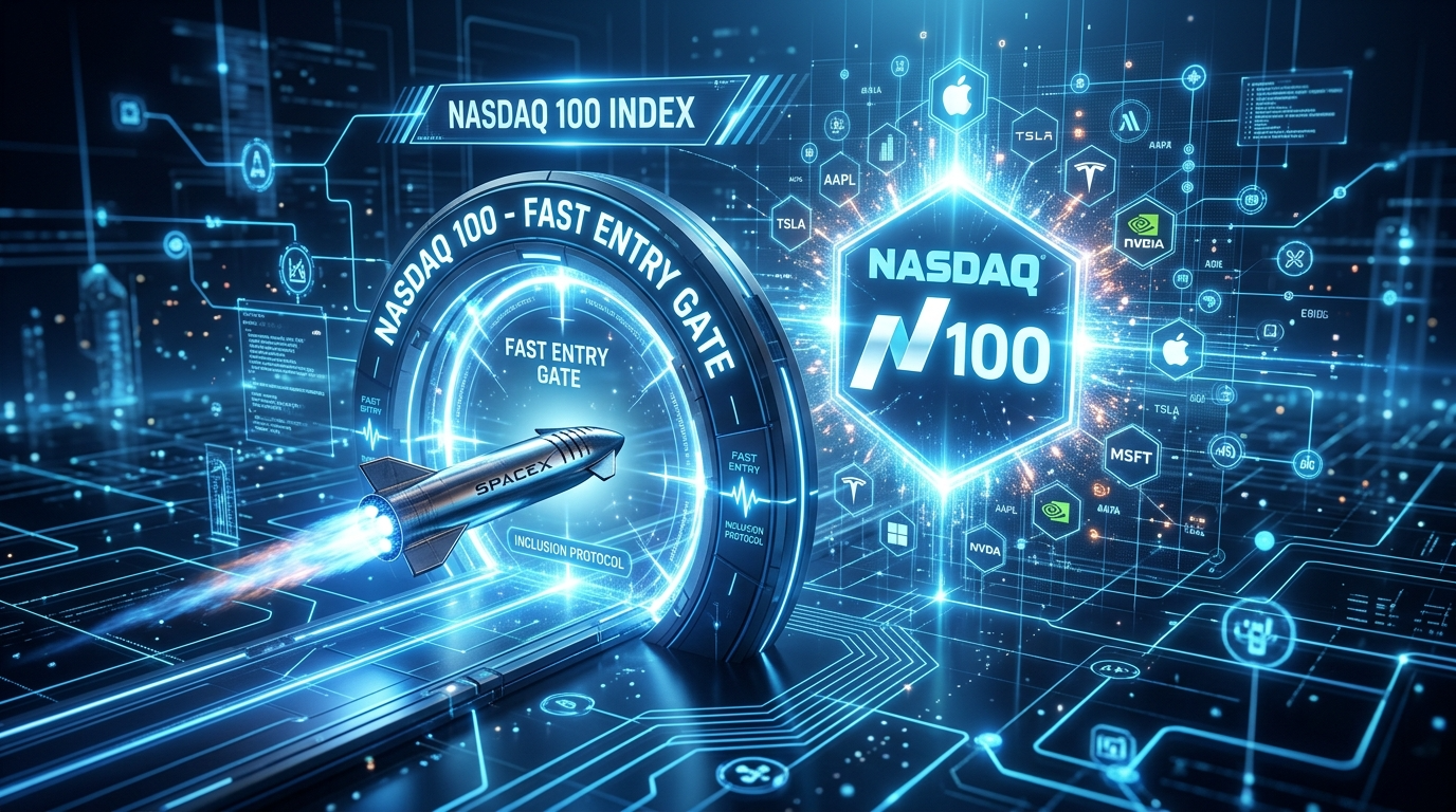 나스닥 100 지수의 '패스트 엔트리' 룰 변경과 스페이스X 상장 후 편입 시나리오 흐름도
