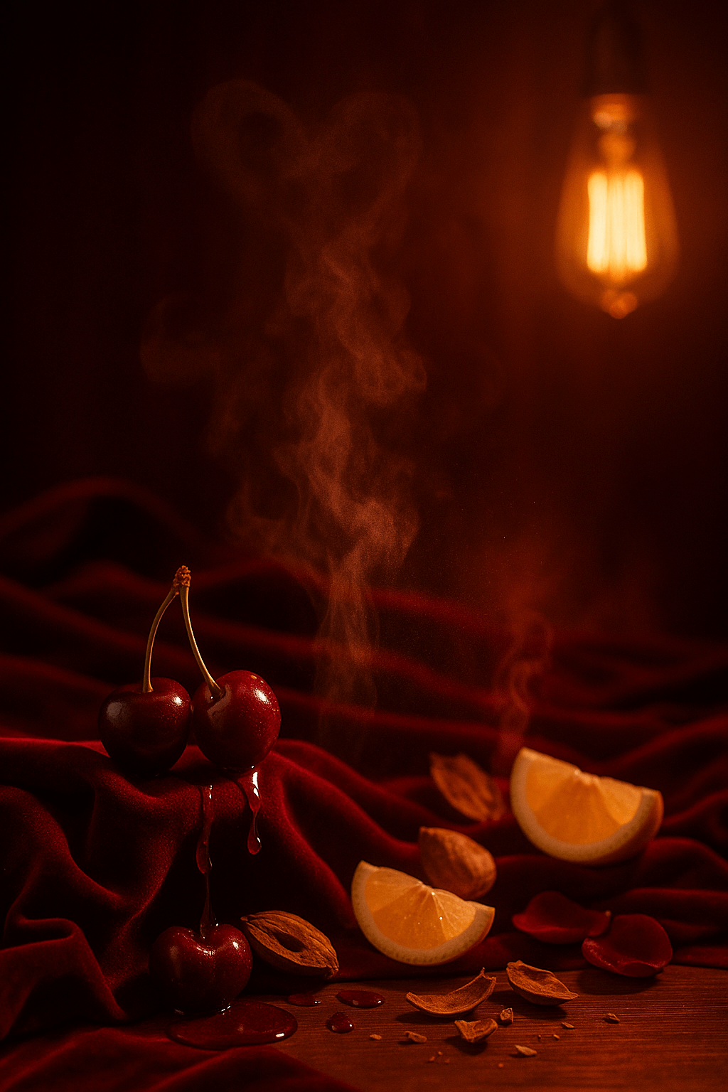 루비빛 조명이 부드럽게 감도는 어두운 공간 속, 붉은 체리빛 리큐어와 안개처럼 퍼지는 분홍빛 향기 구름이 공중에 흐르고 있음. 따뜻한 앰버 톤의 빛이 바닥을 감싸며, 주위에는 쓴 아몬드 껍질과 벨벳 같은 체리 꽃잎이 흩어져 감각적이고 관능적인 분위기를 자아냄. 배경은 부드러운 버건디 그림자와 황금빛 보케로 채워져 있음