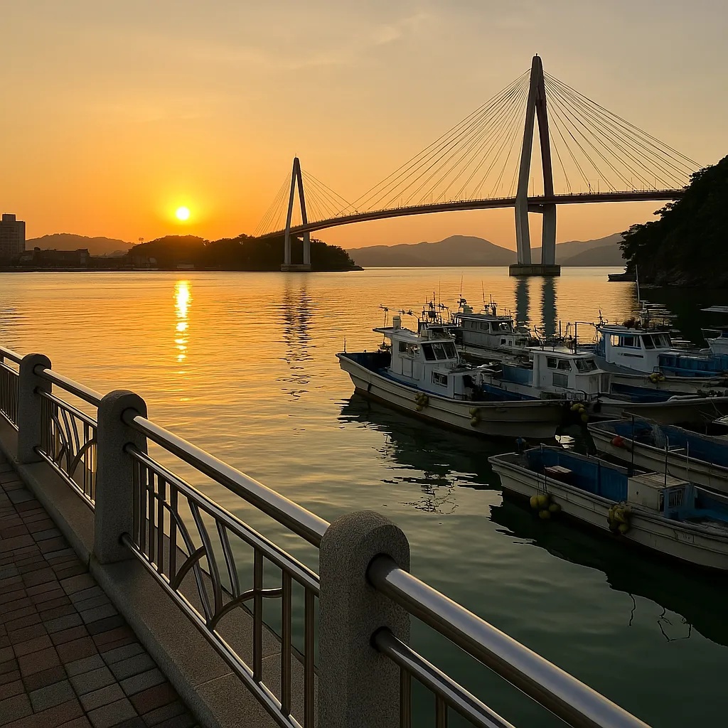 여수 바닷가에 황금빛 노을이 내려앉은 항구 풍경