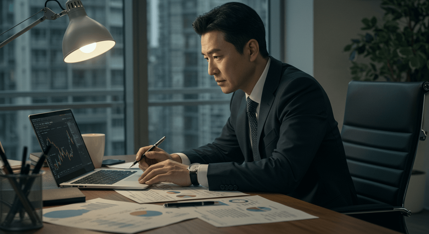 한국인이 사무실에서 다이아 투자 전망 보고서를 검토하는 장면 2