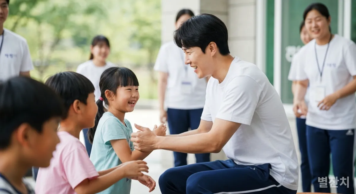 지역 커뮤니티 센터에서 아이들과 함께 자선 활동에 참여하는 유명 한국 스포츠 선수