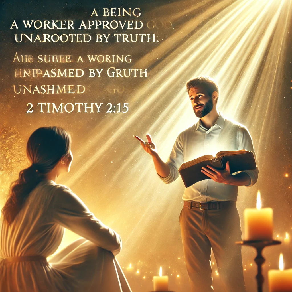 Here is an illustration of an inspiring moment where an individual confidently shares the message of the Gospel&amp;#44; embodying the hope of being an unashamed worker of truth in God&amp;#44; inspired by 2 Timothy 2:15. The scene radiates faith&amp;#44; sincerity&amp;#44; and the joy of spiritual connection.