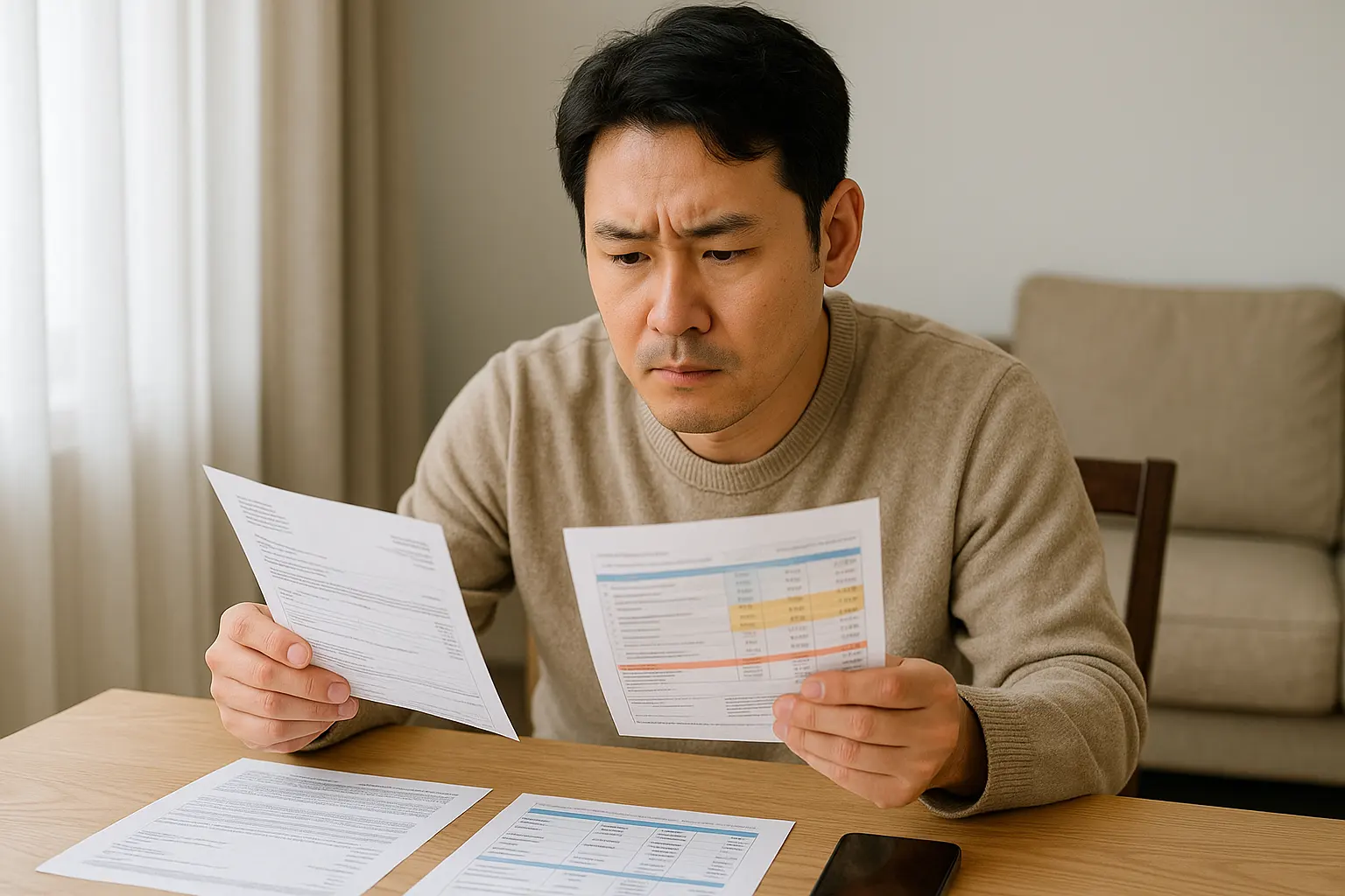 알뜰폰 요금제 비교로 통신비 절감을 고민하는 30대 한국 남성, 고지서를 확인하며 비용 누수 확인하는 모습