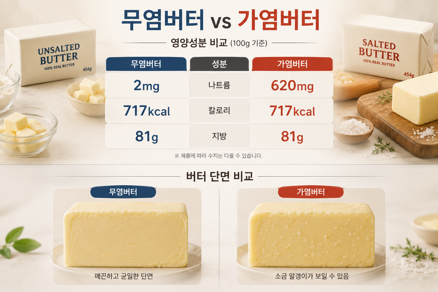 버터 영양성분표 비교(나트륨·칼로리·지방 함량) 강조 이미지와 무염·가염버터 단면 비교 컷