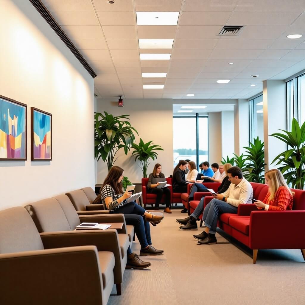 대기실: 편안한 의자와 밝은 조명이 있는 대기실, 다양한 연령대의 사람들이 앉아 있는 모습