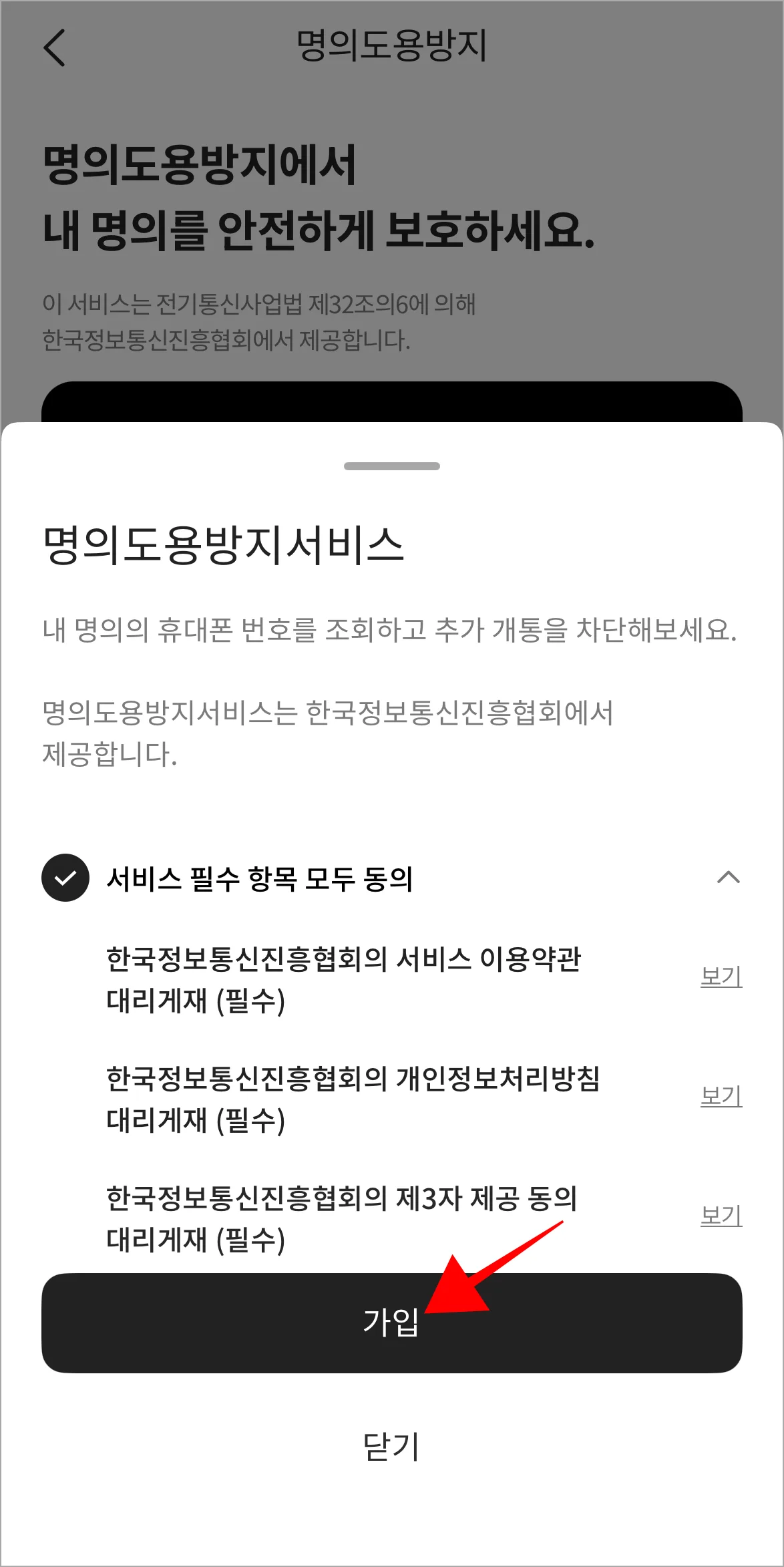 서비스 가입을 위한 항목에 동의하고, 가입을 선택