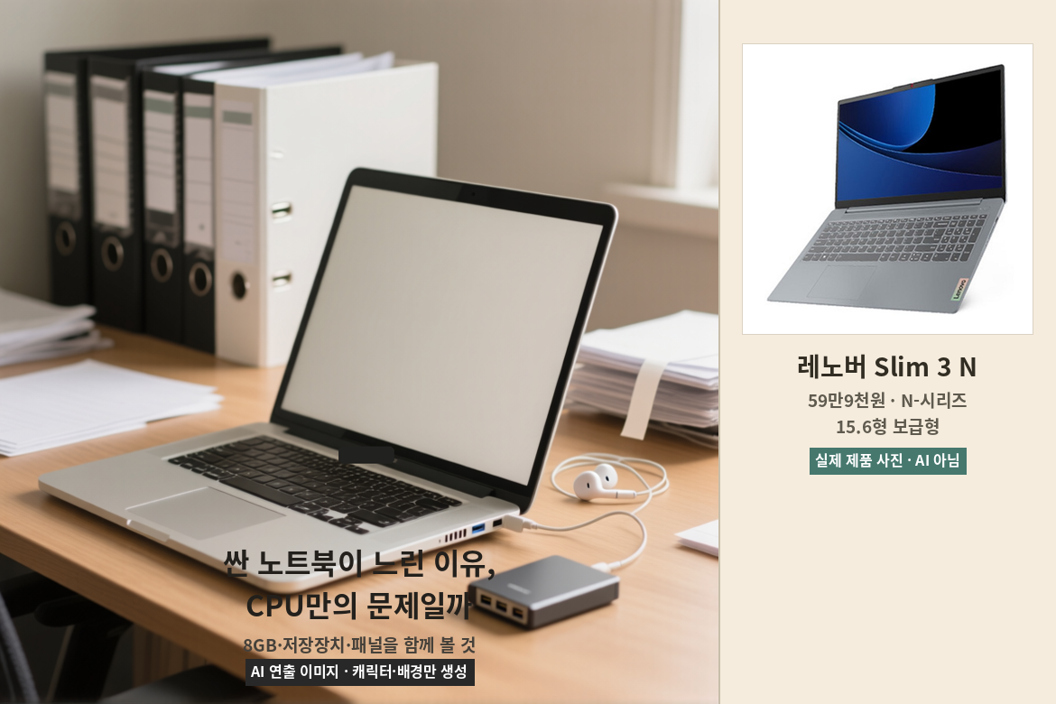 저가 노트북의 메모리와 저장장치 병목을 설명하는 장면