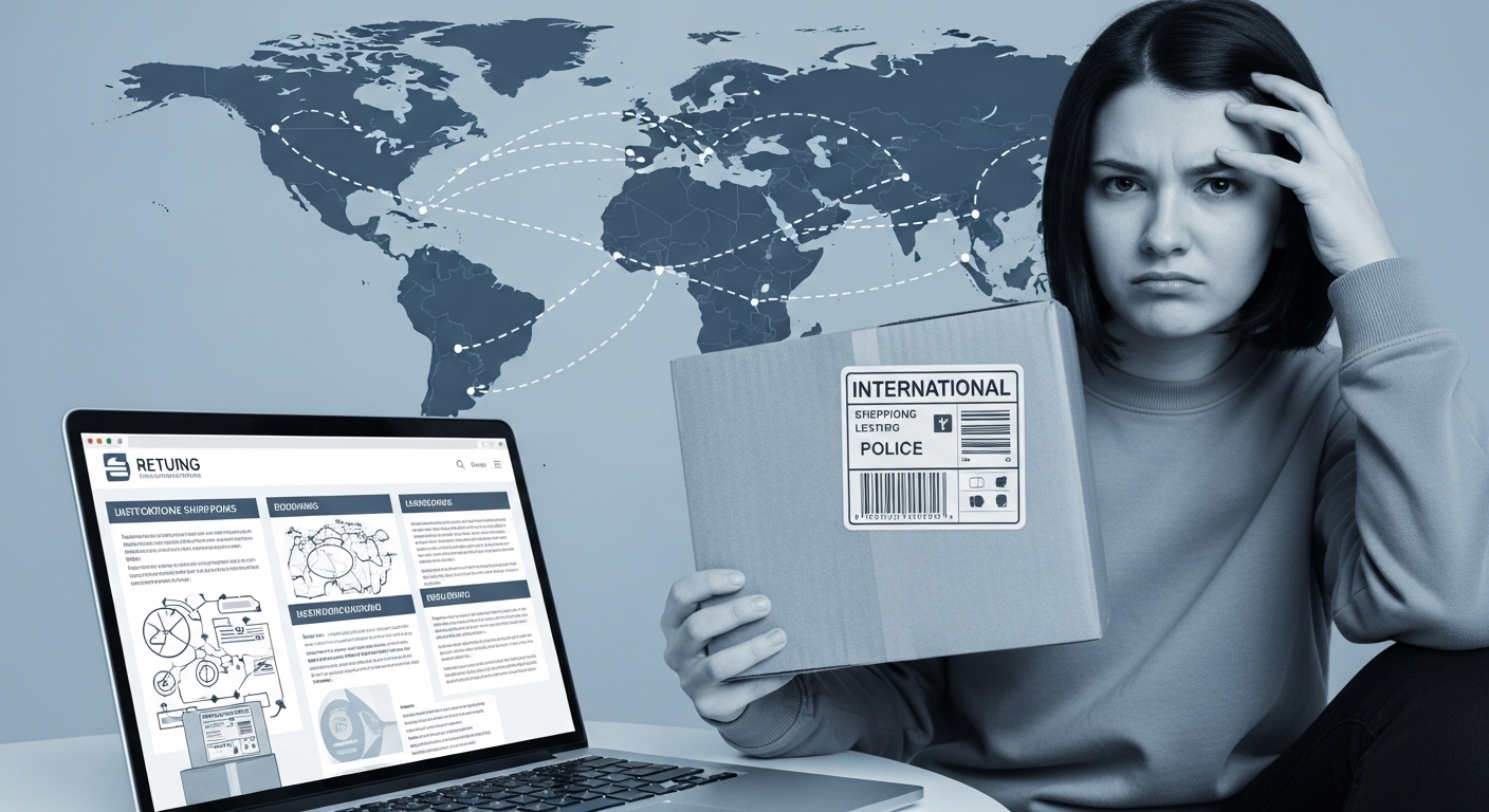 해외 직구 환불 및 반품 거부로 인해 좌절감을 느끼는 소비자가 노트북 앞에서 해결책을 모색하는 모습.