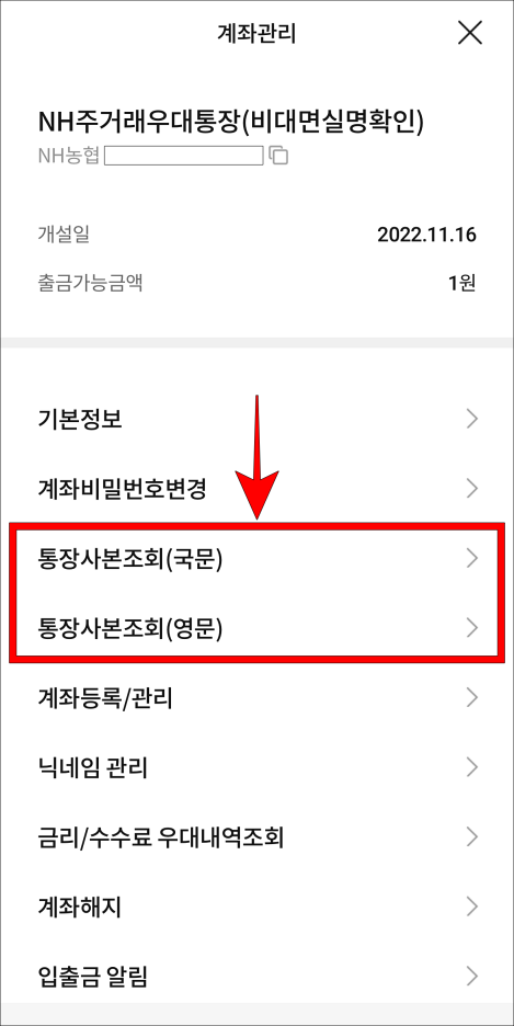통장사본조회(국문 또는 영문)을 선택