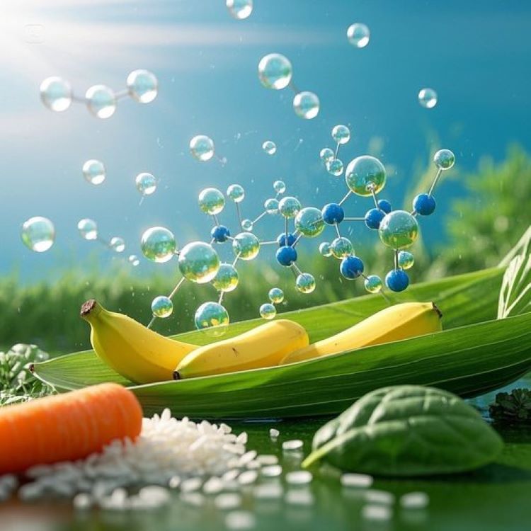 투명한 장 모델 안에서 다양한 색깔의 FODMAP 분자들이 가스 방울을 형성하며 팽창하는 모습과, 반대편에는 저포드맵 식품들(쌀, 당근, 바나나, 시금치)이 평화롭게 배치된 대비적 구도. 배경은 차분한 녹색과 파란색 톤으로 치유와 건강함을 상징하며, 과학적 정확성과 희망적 메시지를 동시에 전달.