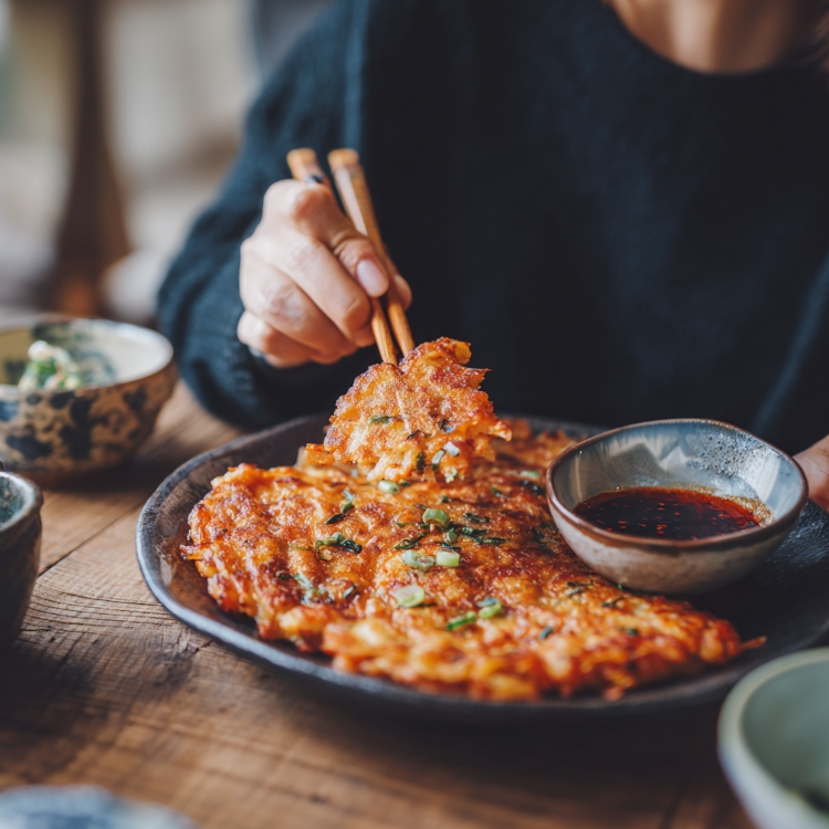 집에서 간식대신 김치전을 먹는 모습