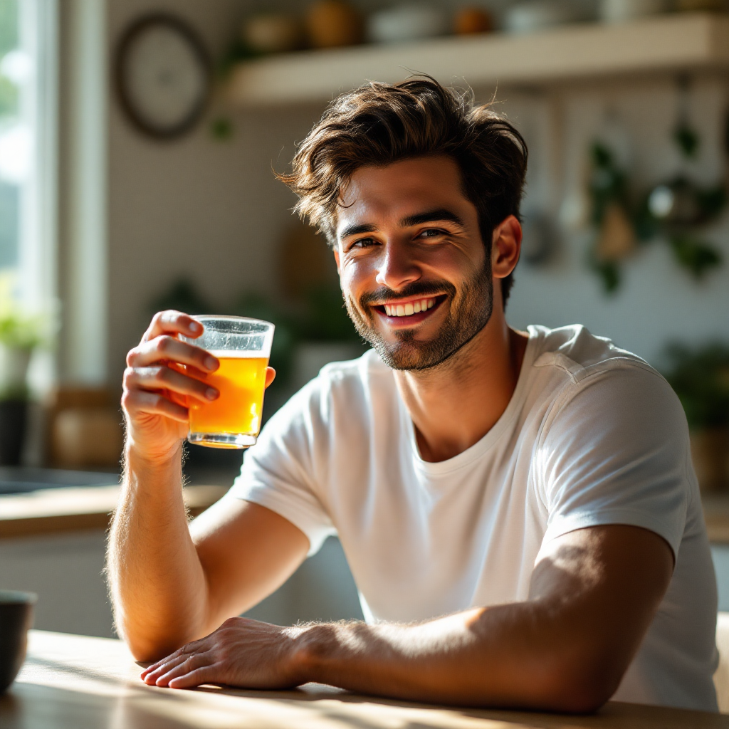 마시는 비타민C를 물 잔에 담아서 환하게 웃고 있는 남자의 이미지