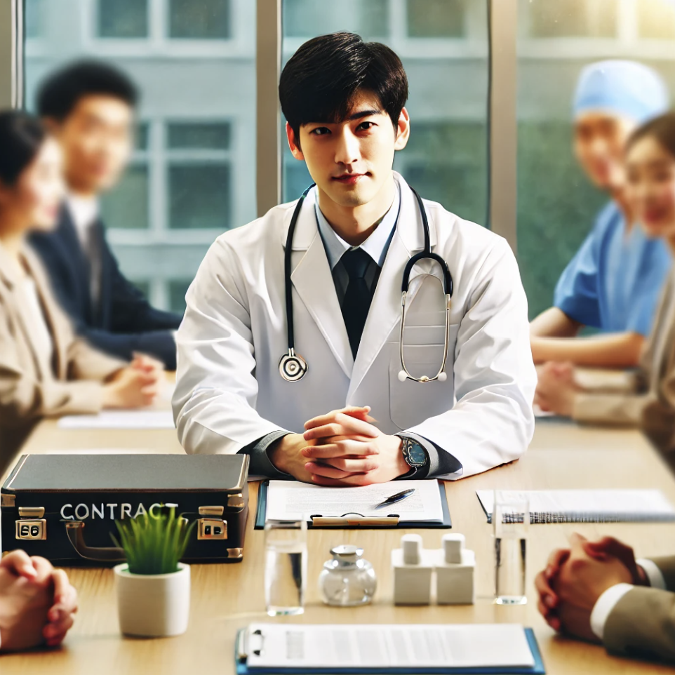 계약직 의사들이 회의실에서 의료 계약을 논의하는 장면 