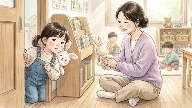 단계별 적응으로 예민한 아이가 어린이집 선생님과 천천히 가까워지는 장면