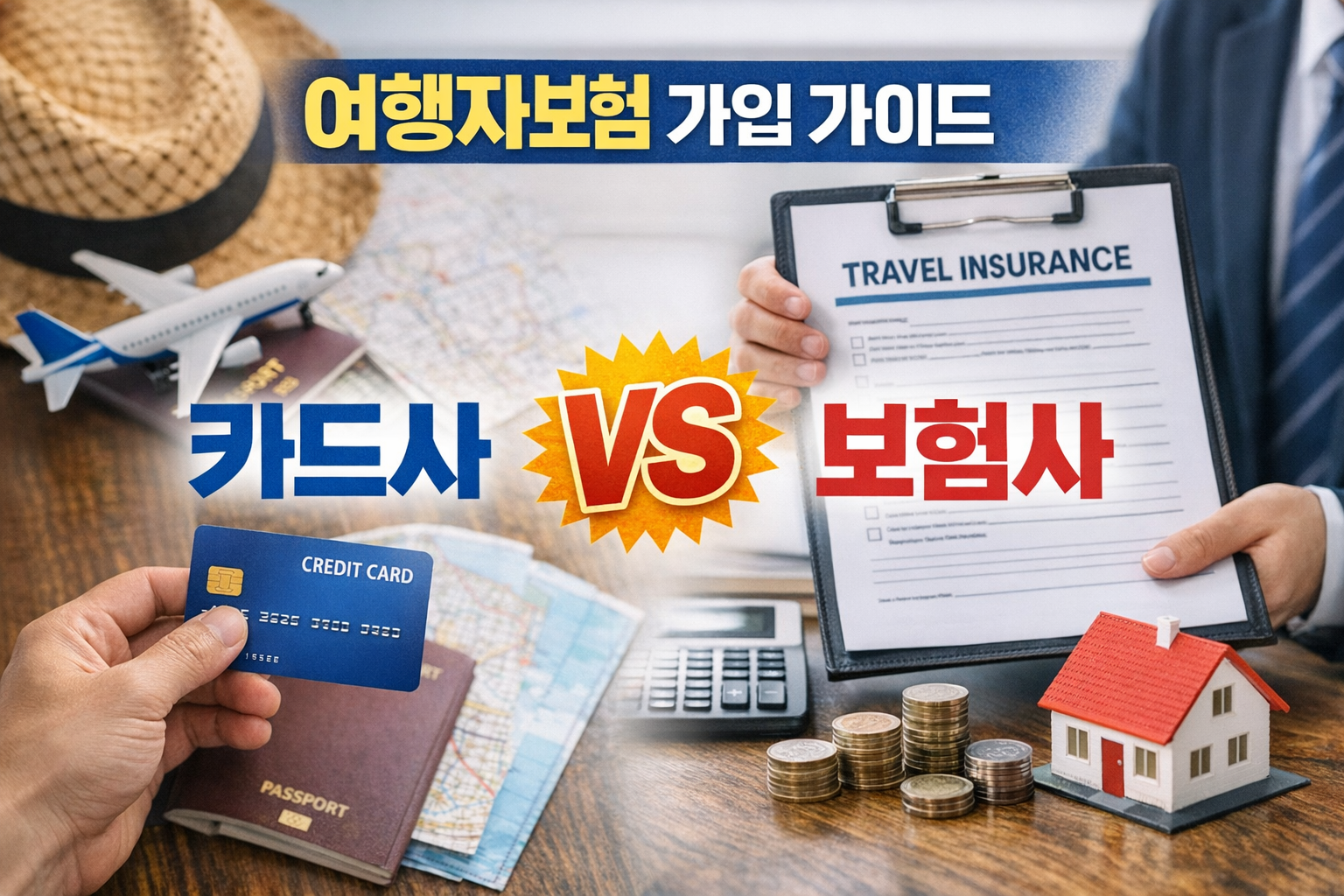 카드사 여행자보험과 보험사 여행자보험을 한눈에 비교할 수 있도록 구성된 실사 이미지