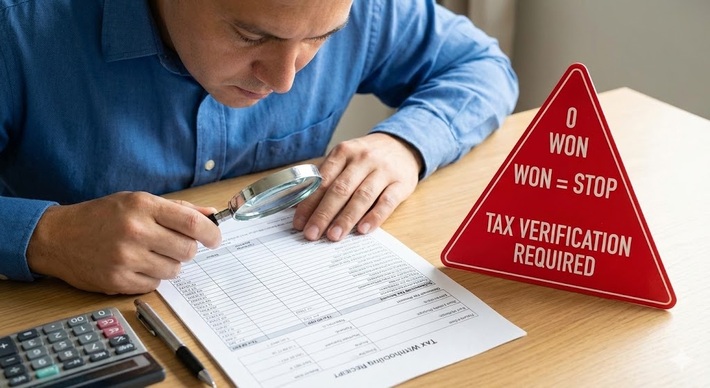 원천징수 영수증의 '결정 세액' 칸을 돋보기로 확인하는 모습. '0원이면 STOP'이라는 경고 문구 포함