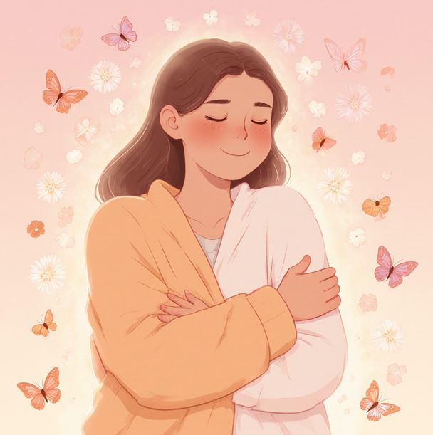 편안한 옷차림의 사람이 자신을 스스로 부드럽게 감싸 안고 있는 모습
주변으로 작은 꽃잎과 나비들이 주변에 자연스레 날고 있다.