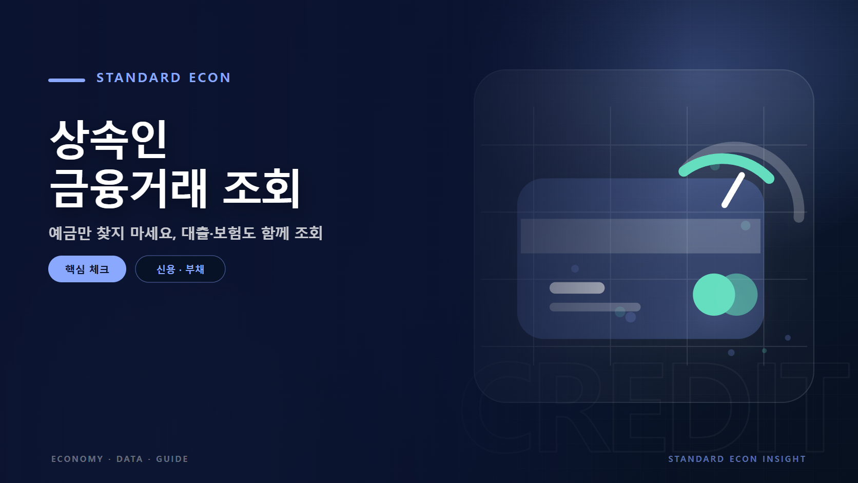 상속인 금융거래 조회 문구와 신용카드와 점검 게이지 그래픽 요소를 담은 신용 · 부채 경제 콘텐츠 대표 이미지