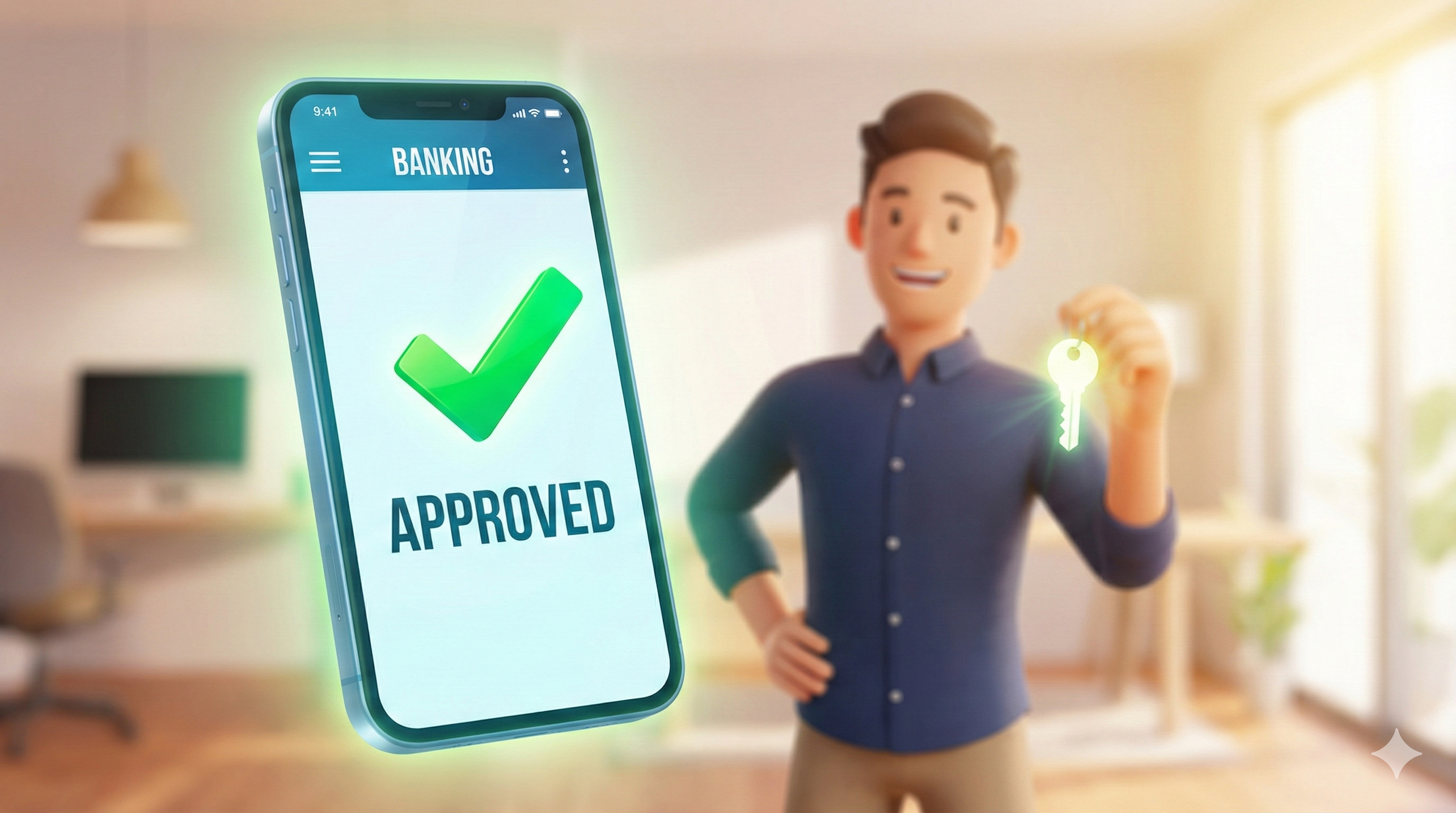 스마트폰 화면에 '승인' 마크가 뜬 모습과 밝게 웃는 청년