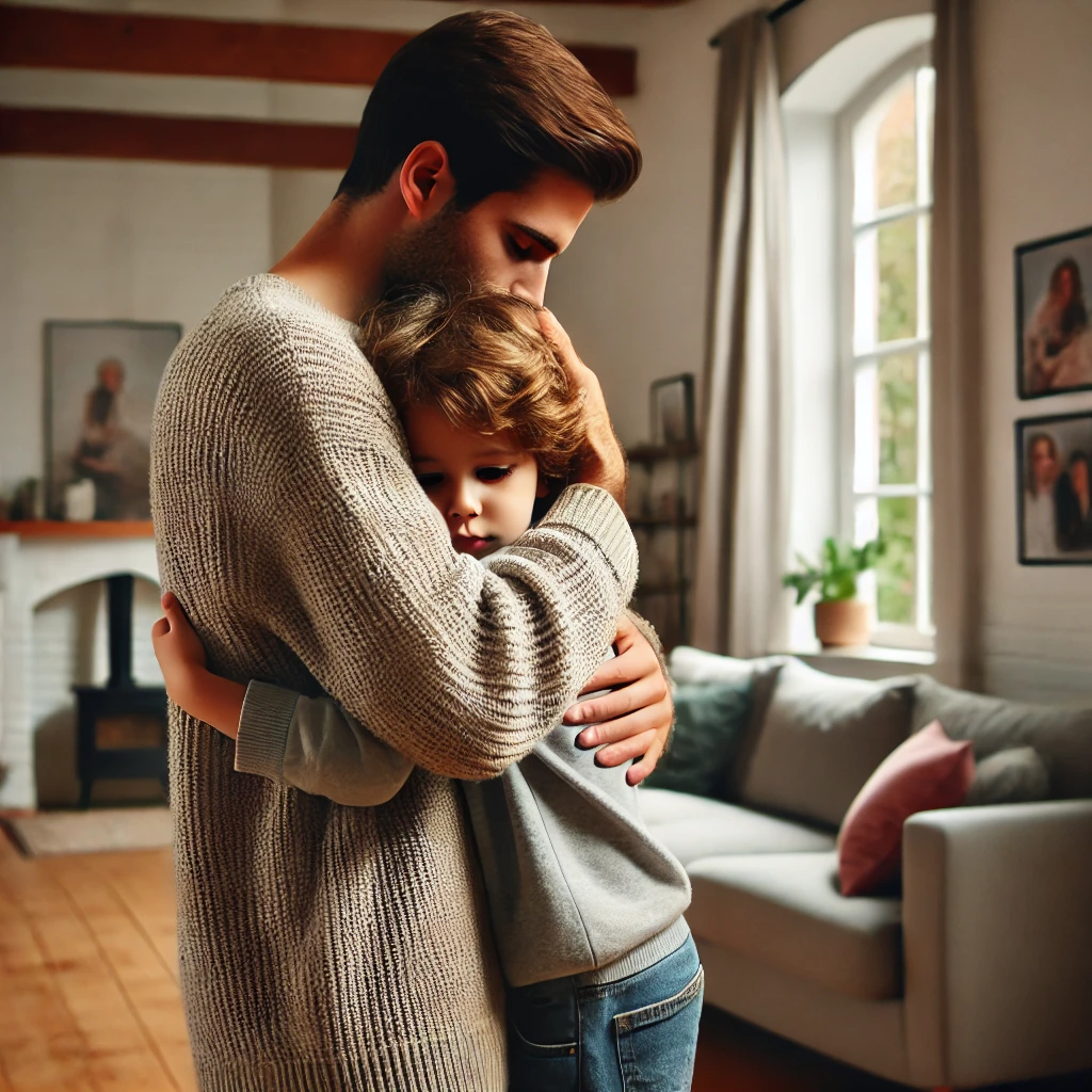거실에서 부모가 아이를 따뜻하게 안아주는 모습