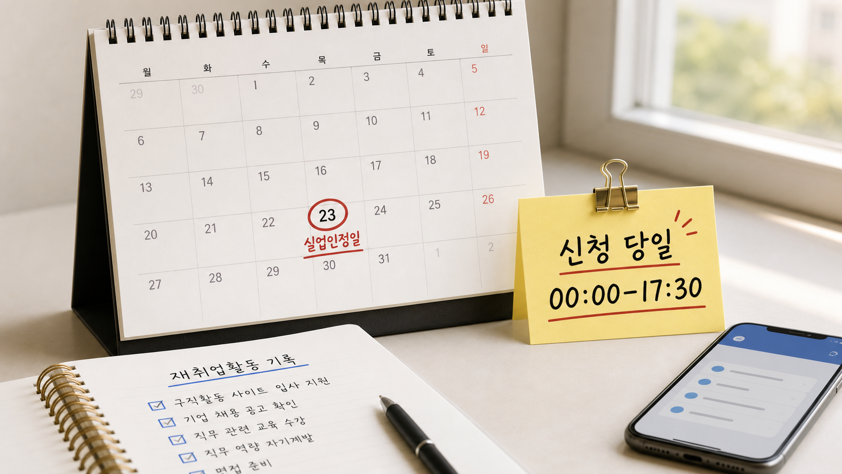 실업인정일과 재취업활동을 관리하는 달력