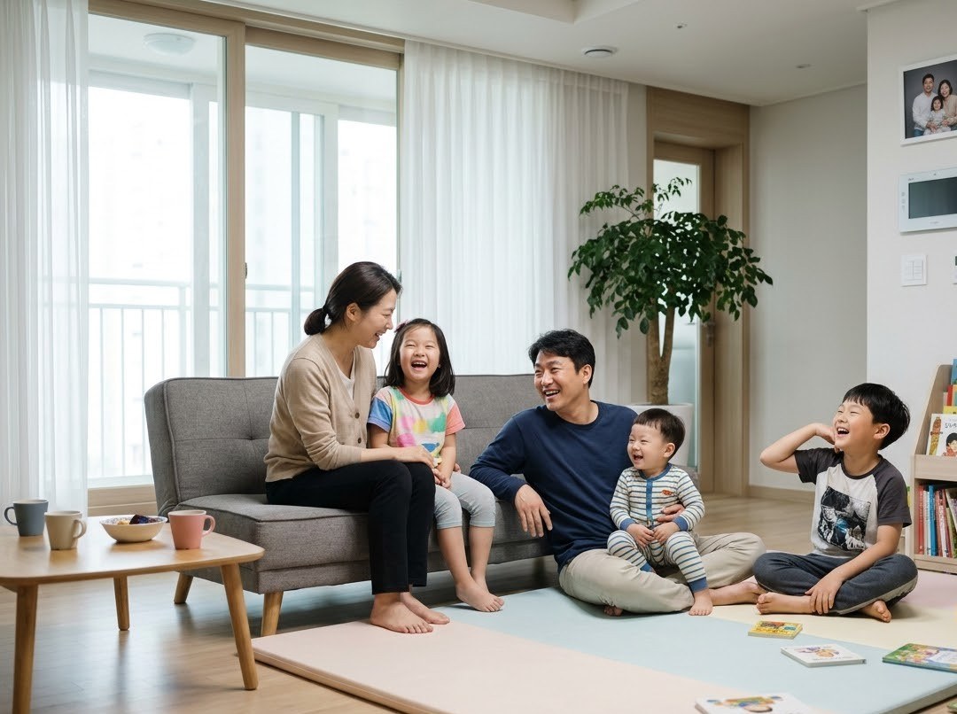아파트 거실에서 세 아이와 웃고 있는 가족