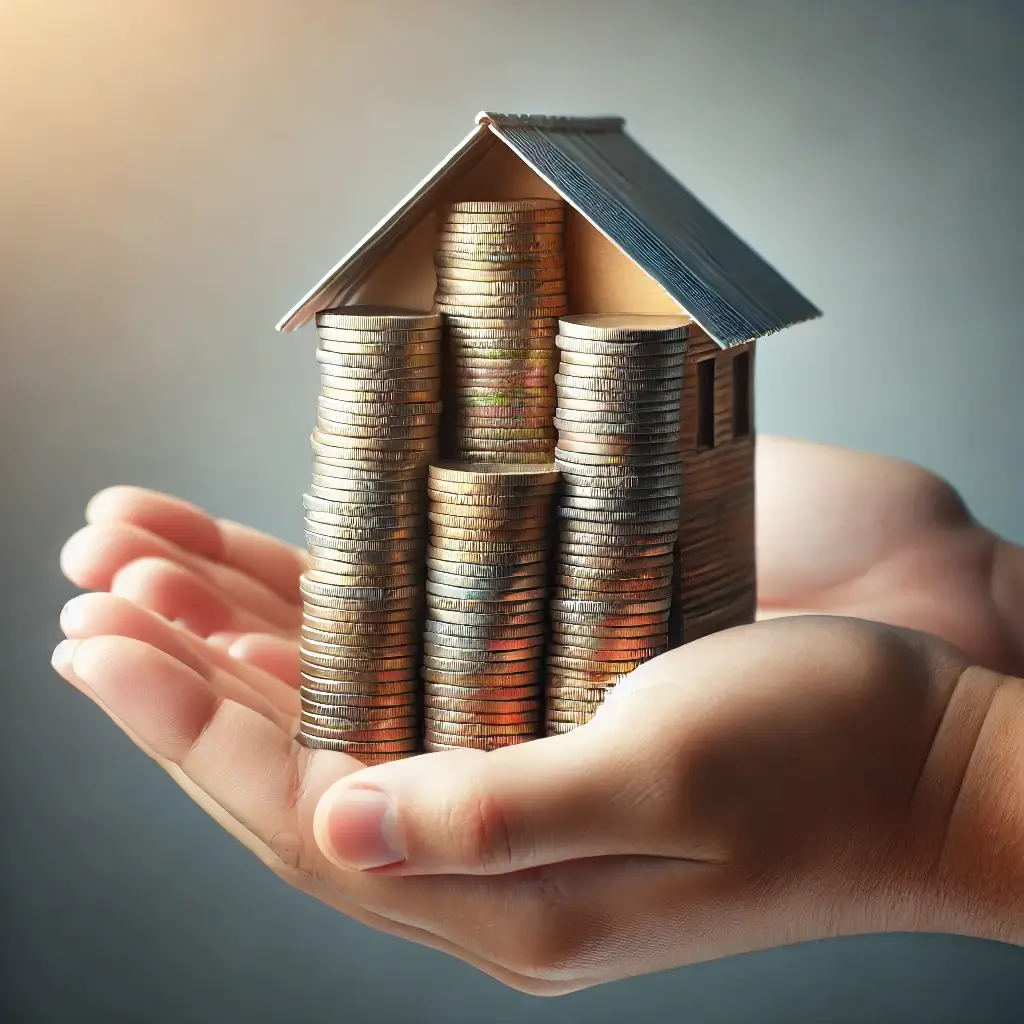 동전으로 만든 집을 손바닥위에 (평소에 아이가 어렸을때부터 엄마가 증여로 준 작은돈이 모여 큰돈이 된다는 의도)