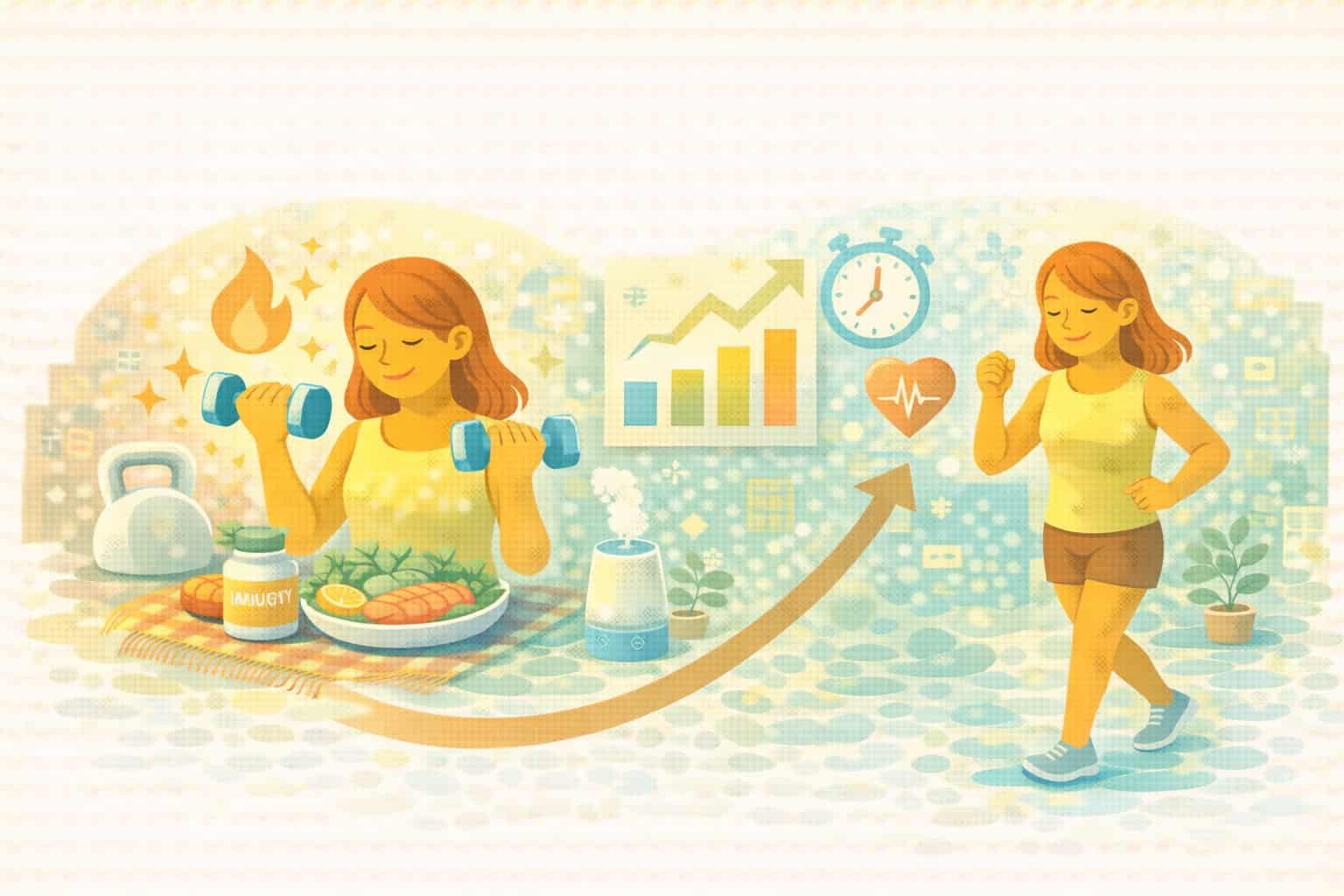 근력 운동과 유산소 운동을 병행하며 기초대사량을 높이는 여성의 일상 운동 루틴을 표현한 일러스트