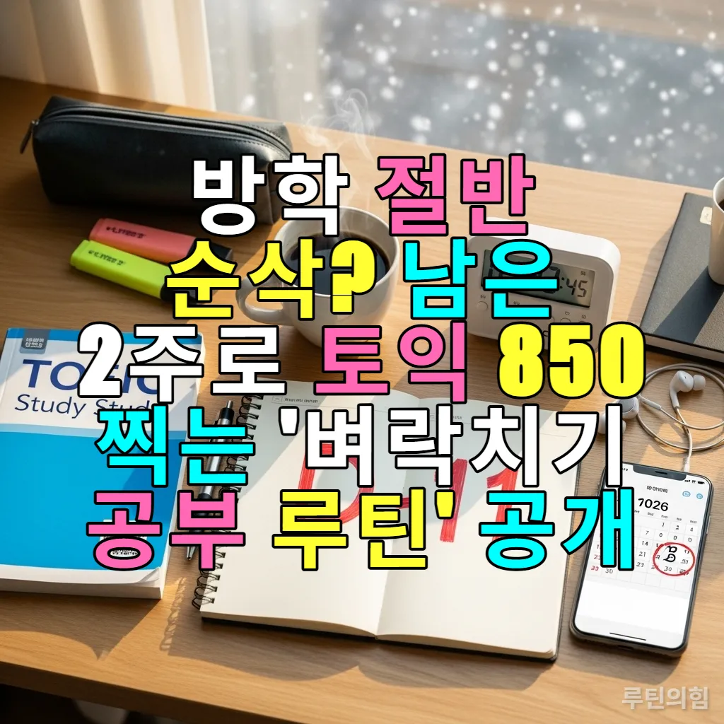 2026년 겨울방학 대학생 책상 위 토익 교재와 D-11이 적힌 노트, 타이머가 놓인 공부 자극 사진