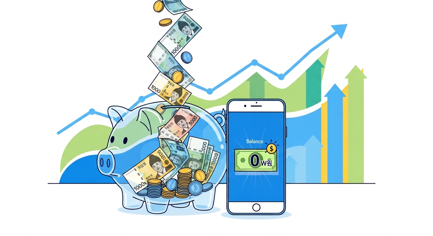 돼지 저금통에 돈이 쌓이고 스마트폰 화면에 0원 청구서가 보이는 이미지. 통신비 절약으로 인한 경제적 이득을 상징한다.