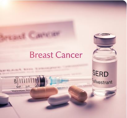 유방암 호르몬 수용체 양성 환자에게 사용되는 SERD 항호르몬제 주사제와 알약 이미지