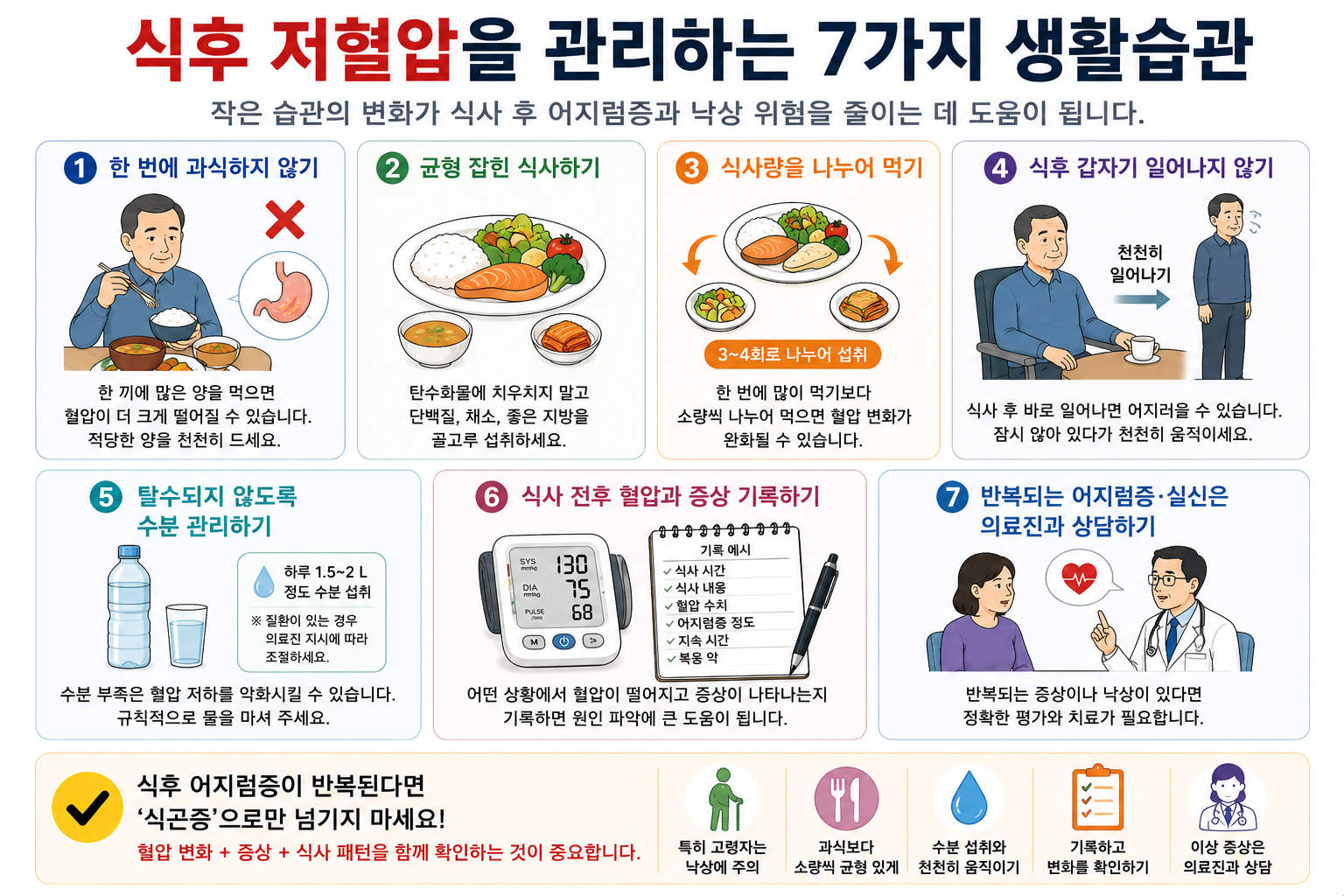 식사 분산과 천천히 움직이기, 수분 계획 및 증상 기록을 설명한 그림