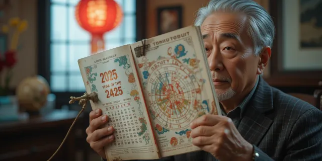 전통 음력 달력을 펼쳐 올해의 운세가 적힌 페이지를 바라보는 장면