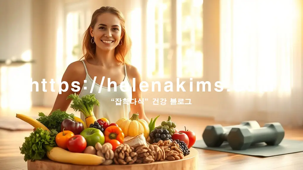 따뜻한 햇살이 스며드는 공간, 활기찬 미소를 짓는 건강한 사람의 모습. 옆에는 신선한 채소, 과일, 견과류 등 간 건강에 좋은 음식들이 정갈하게 놓여 있고, 요가 매트와 아령이 조화롭게 배치되어 있어요.