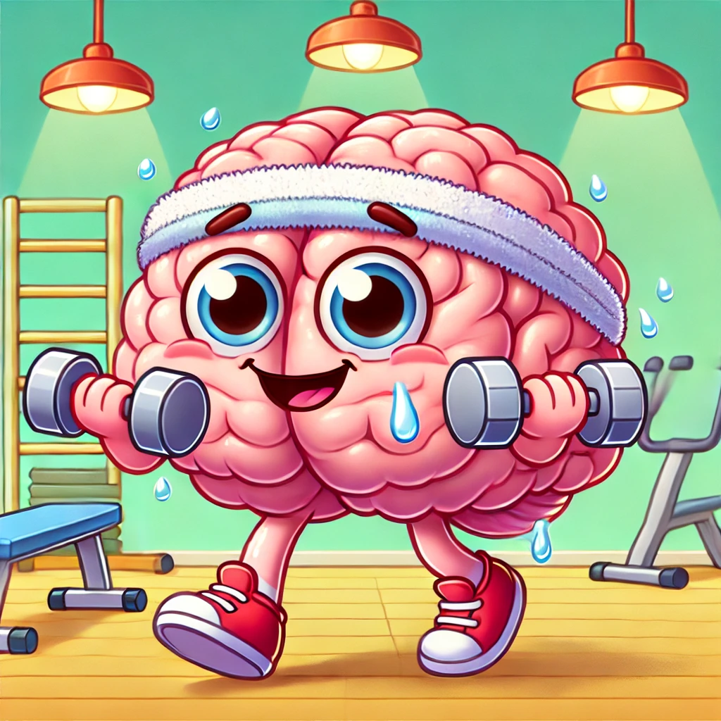 뇌가 덤벨을 들고 운동하고 있는 상상속의 이미지